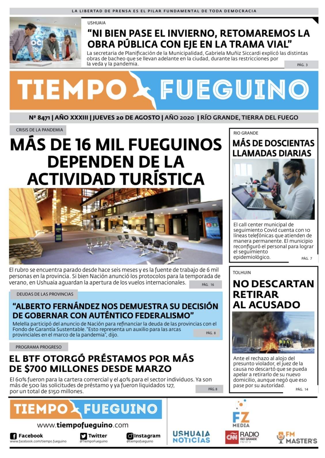 Portada Del Jueves 20 De Agosto - Tiempo Fueguino