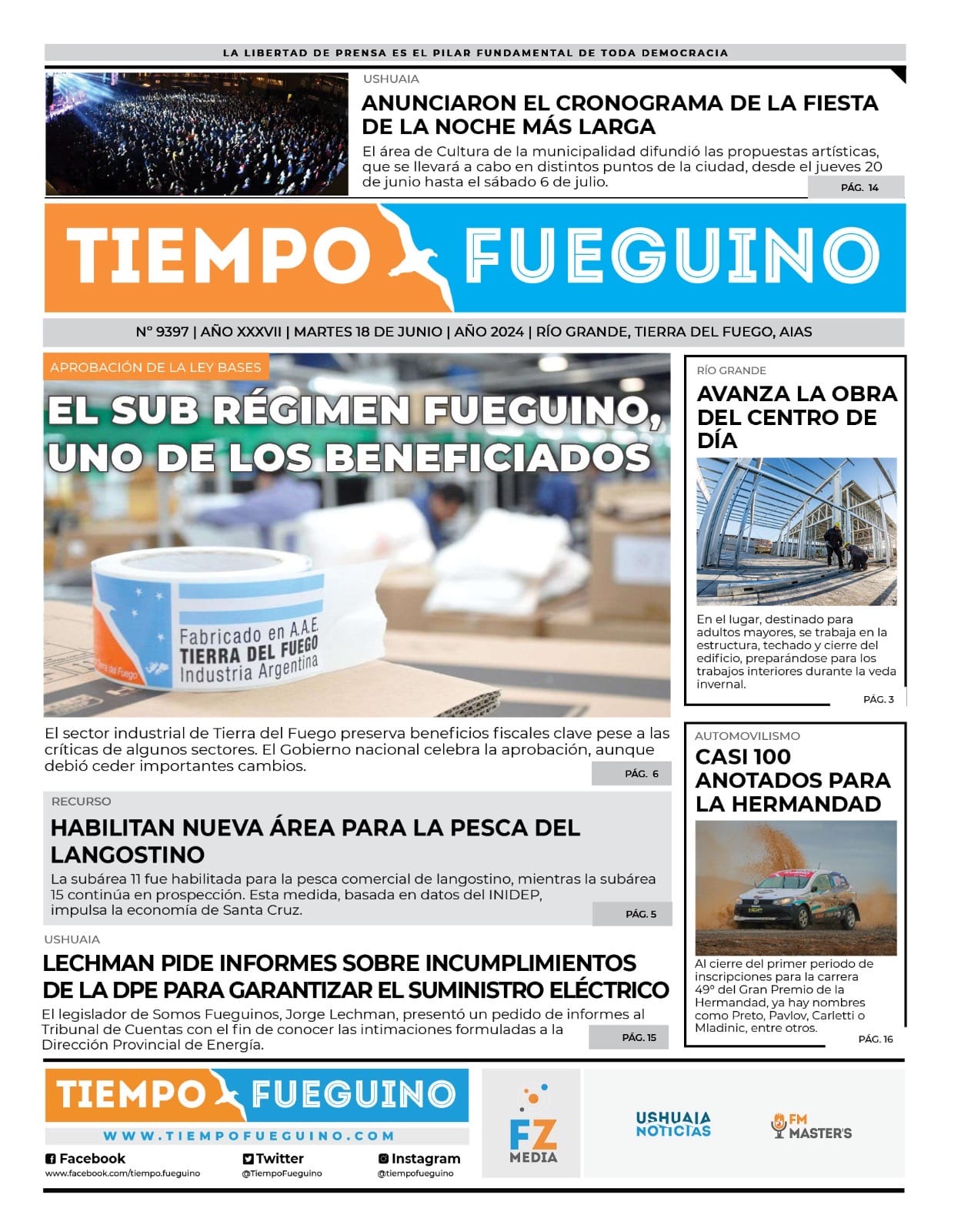 Portada del martes 18 de junio - Tiempo Fueguino