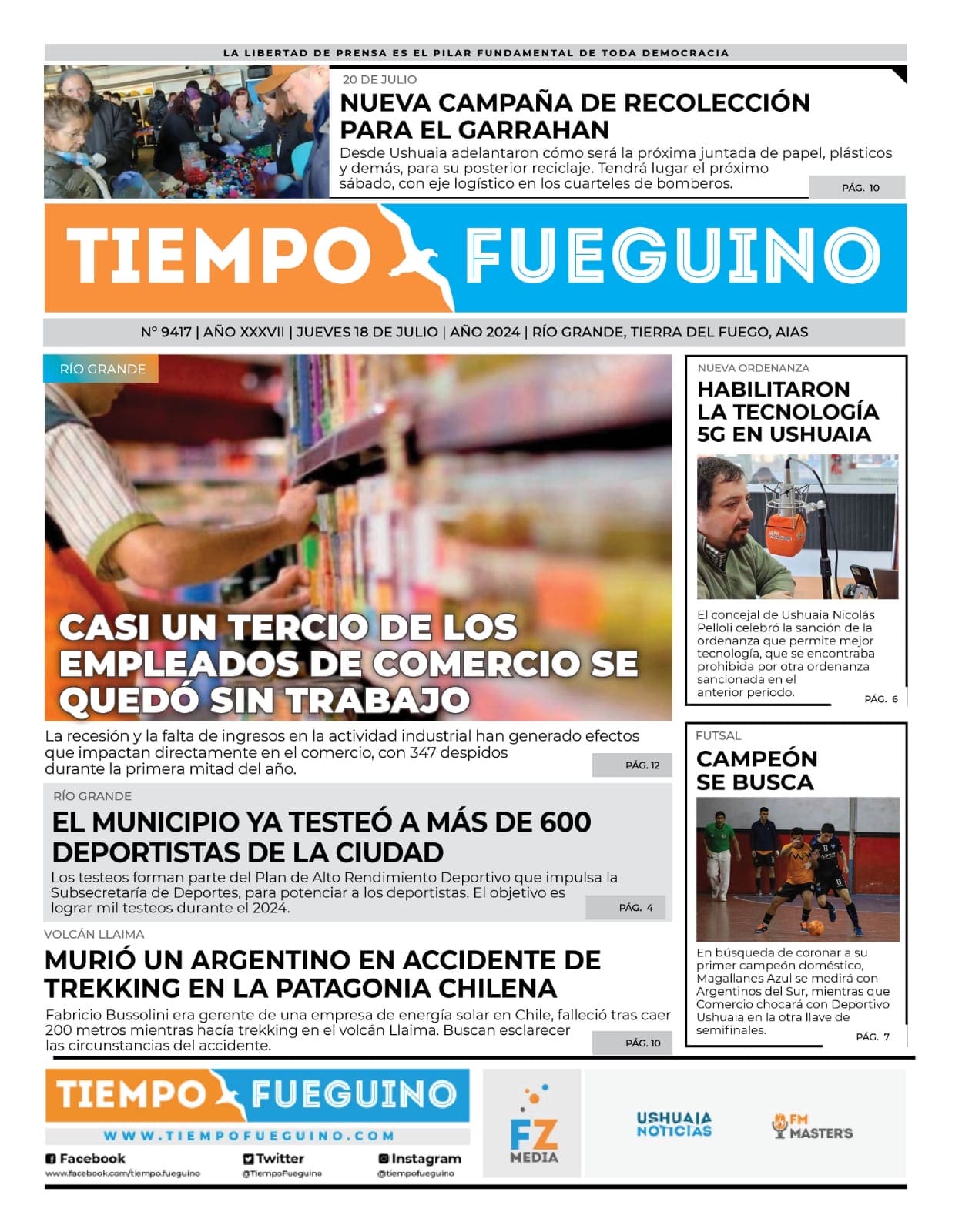 Portada del jueves 18 de julio - Tiempo Fueguino